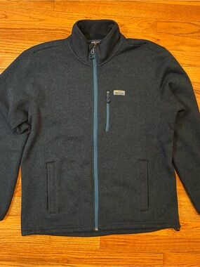 Orvis Dark Charcoal Tweed Sweater Jacket with Blue Trim Men’s L